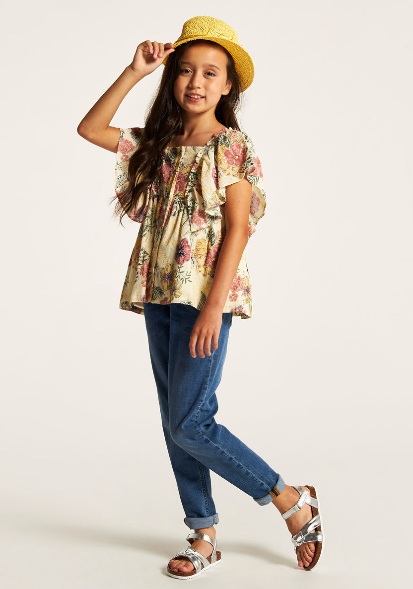 Lee Cooper All Over Floral Print Sleeveless Top with Ruffle Detail and Button Closure-Blouses-image-0