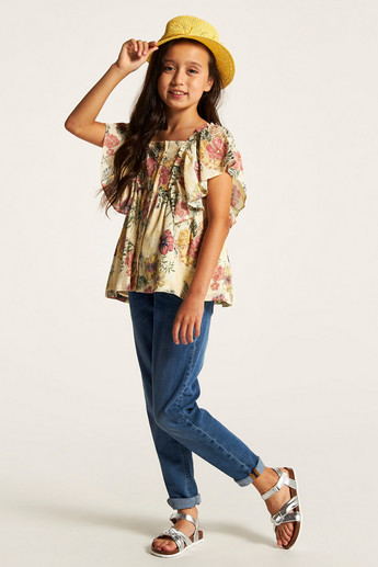 Lee Cooper All Over Floral Print Sleeveless Top with Ruffle Detail and Button Closure
