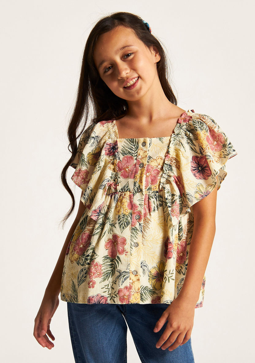 Lee Cooper All Over Floral Print Sleeveless Top with Ruffle Detail and Button Closure-Blouses-image-1