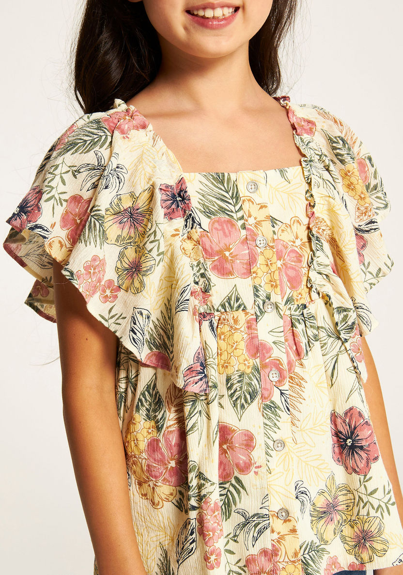 Lee Cooper All Over Floral Print Sleeveless Top with Ruffle Detail and Button Closure-Blouses-image-2