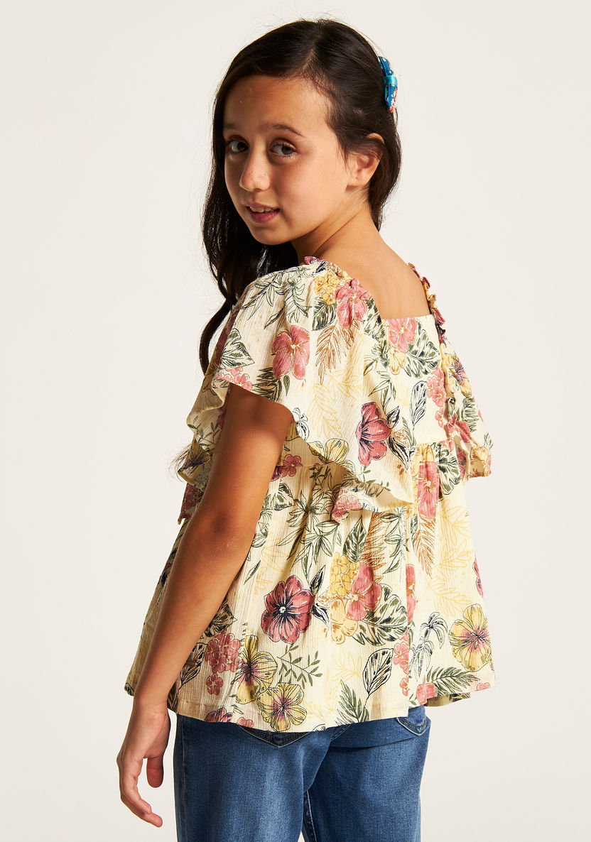 Lee Cooper All Over Floral Print Sleeveless Top with Ruffle Detail and Button Closure-Blouses-image-3