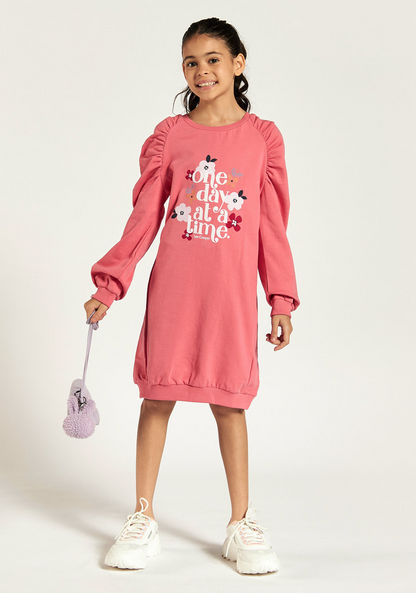 Lee Cooper Printed Sweat Dress with Ruched Detail and Long Sleeves