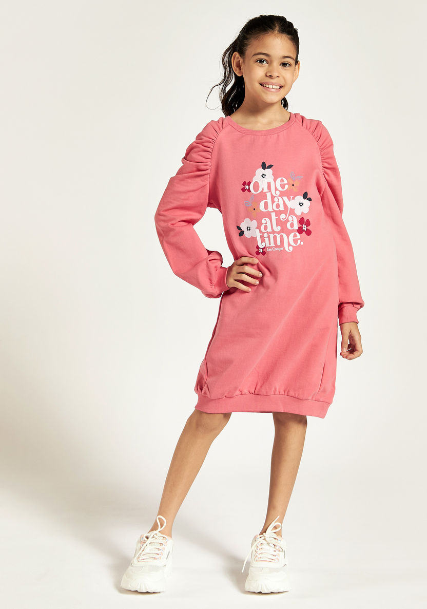 Lee Cooper Printed Sweat Dress with Ruched Detail and Long Sleeves-Dresses, Gowns & Frocks-image-1