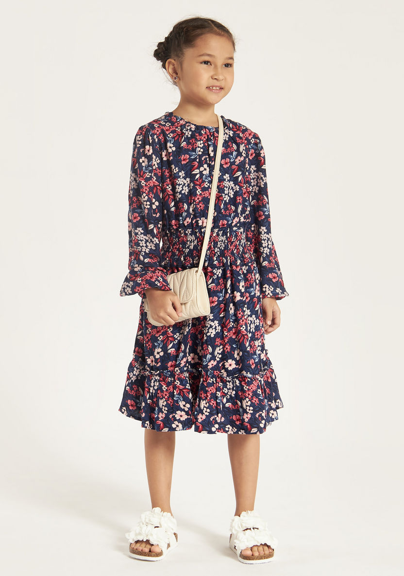 Lee Cooper All Over Floral Print Dress with Round Neck and Long Sleeves-Dresses, Gowns & Frocks-image-0