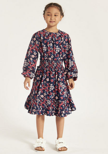 Lee Cooper All Over Floral Print Dress with Round Neck and Long Sleeves