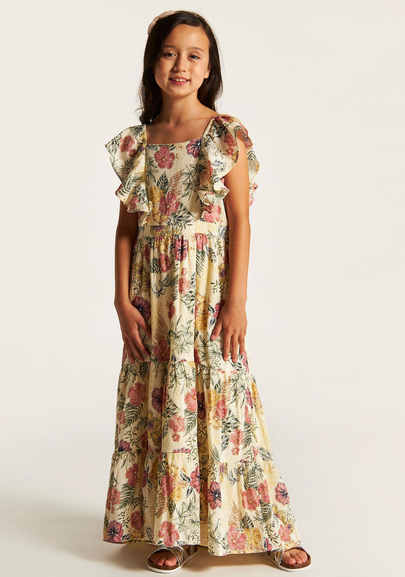 Lee Cooper All Over Floral Print Sleeveless Maxi Dress with Ruffle Detail-Dresses%2C Gowns and Frocks-image-0