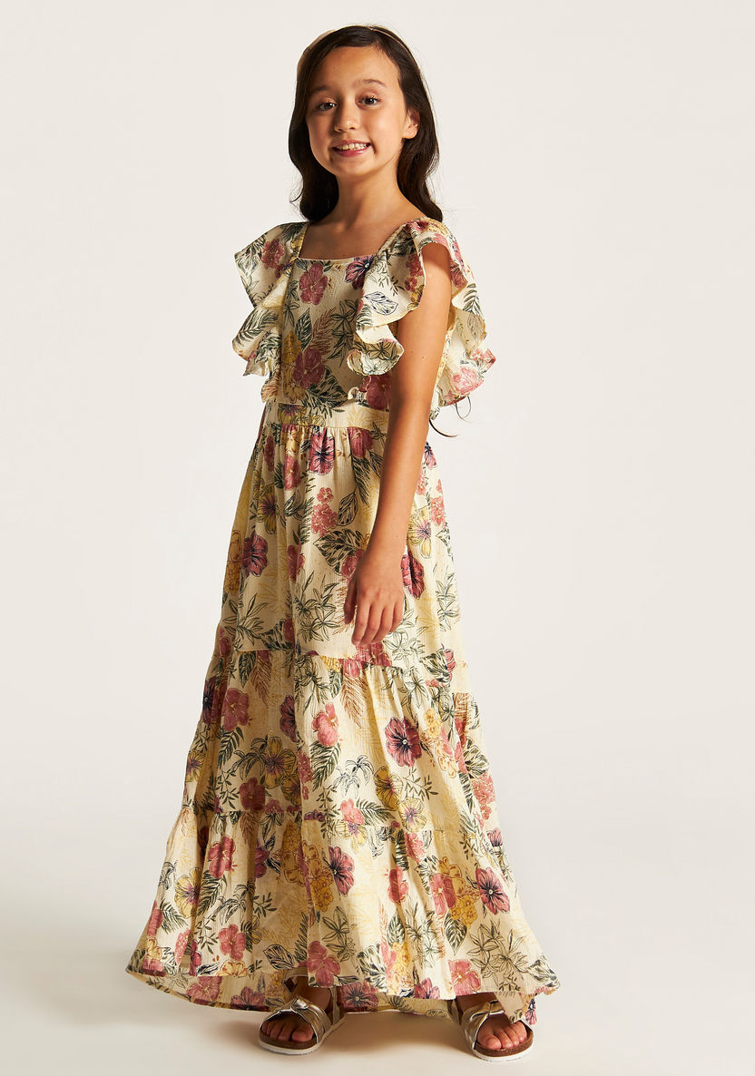 Lee Cooper All Over Floral Print Sleeveless Maxi Dress with Ruffle Detail-Dresses%2C Gowns and Frocks-image-1