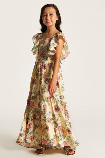 Lee Cooper All Over Floral Print Sleeveless Maxi Dress with Ruffle Detail