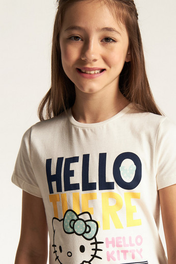 Sanrio Hello Kitty Print T-shirt with Crew Neck and Short Sleeves