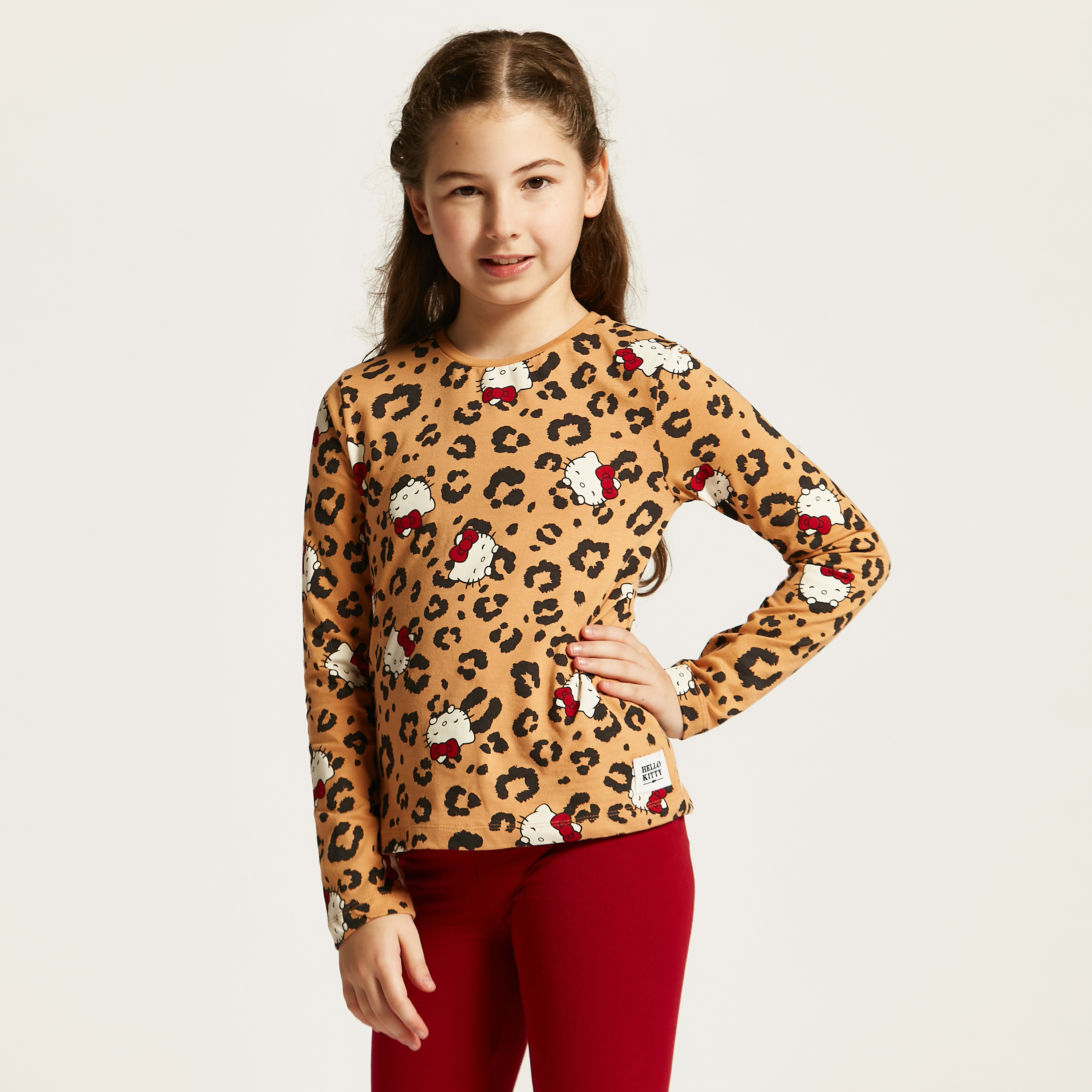 Sanrio Hello Kitty Print T-shirt with Crew Neck and Long Sleeves-girls-clothing-schoolwear-tshirts-image-2