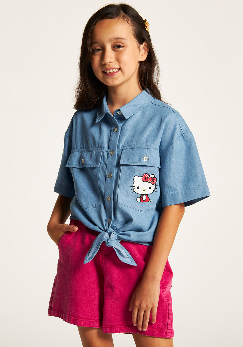 Sanrio Hello Kitty Print Shirt with Pockets and Short Sleeves-Blouses-image-1