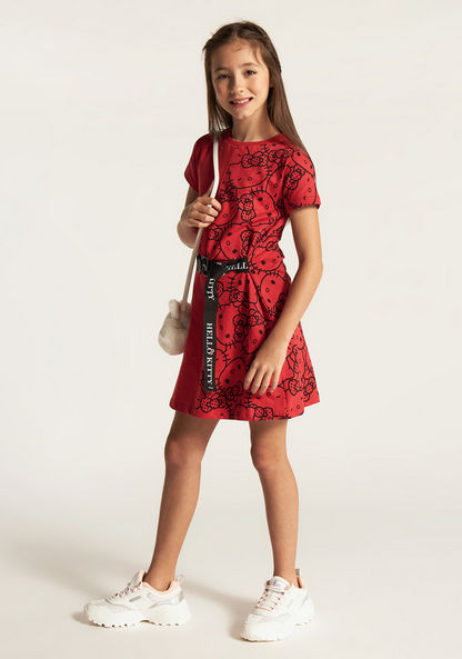 Sanrio Hello Kitty Print Dress with Short Sleeves and Belt-Dresses%2C Gowns and Frocks-image-0