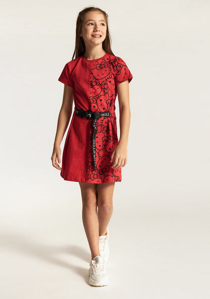 Sanrio Hello Kitty Print Dress with Short Sleeves and Belt-Dresses%2C Gowns and Frocks-image-1