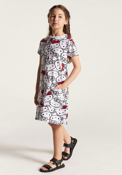 Sanrio Hello Kitty Print Dress with Round Neck and Short Sleeves