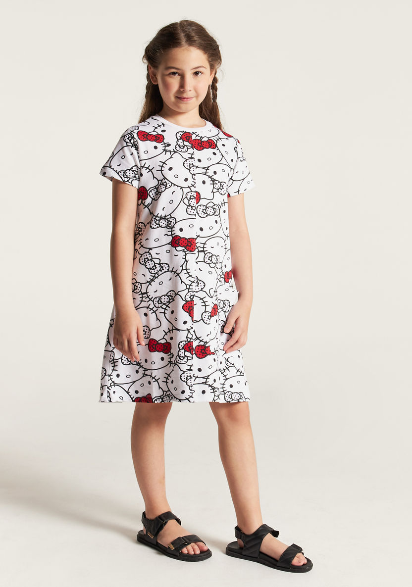 Sanrio Hello Kitty Print Dress with Round Neck and Short Sleeves-Dresses, Gowns & Frocks-image-1