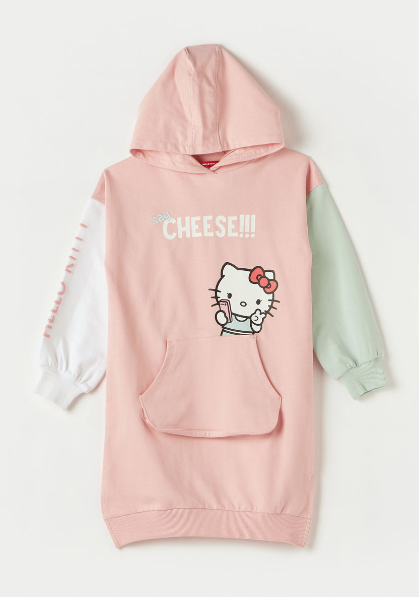 Sanrio Hello Kitty Print Sweat Dress with Hood and Long Sleeves-Dresses%2C Gowns and Frocks-image-0