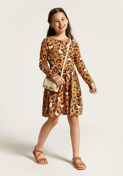 Sanrio Hello Kitty Print Dress with Round Neck and Long Sleeves