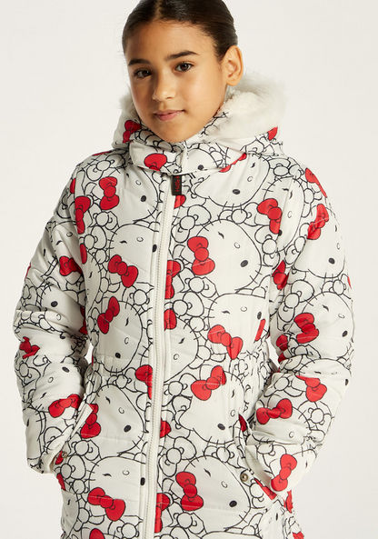 Sanrio Hello Kitty Print Longline Jacket with Hood and Long Sleeves