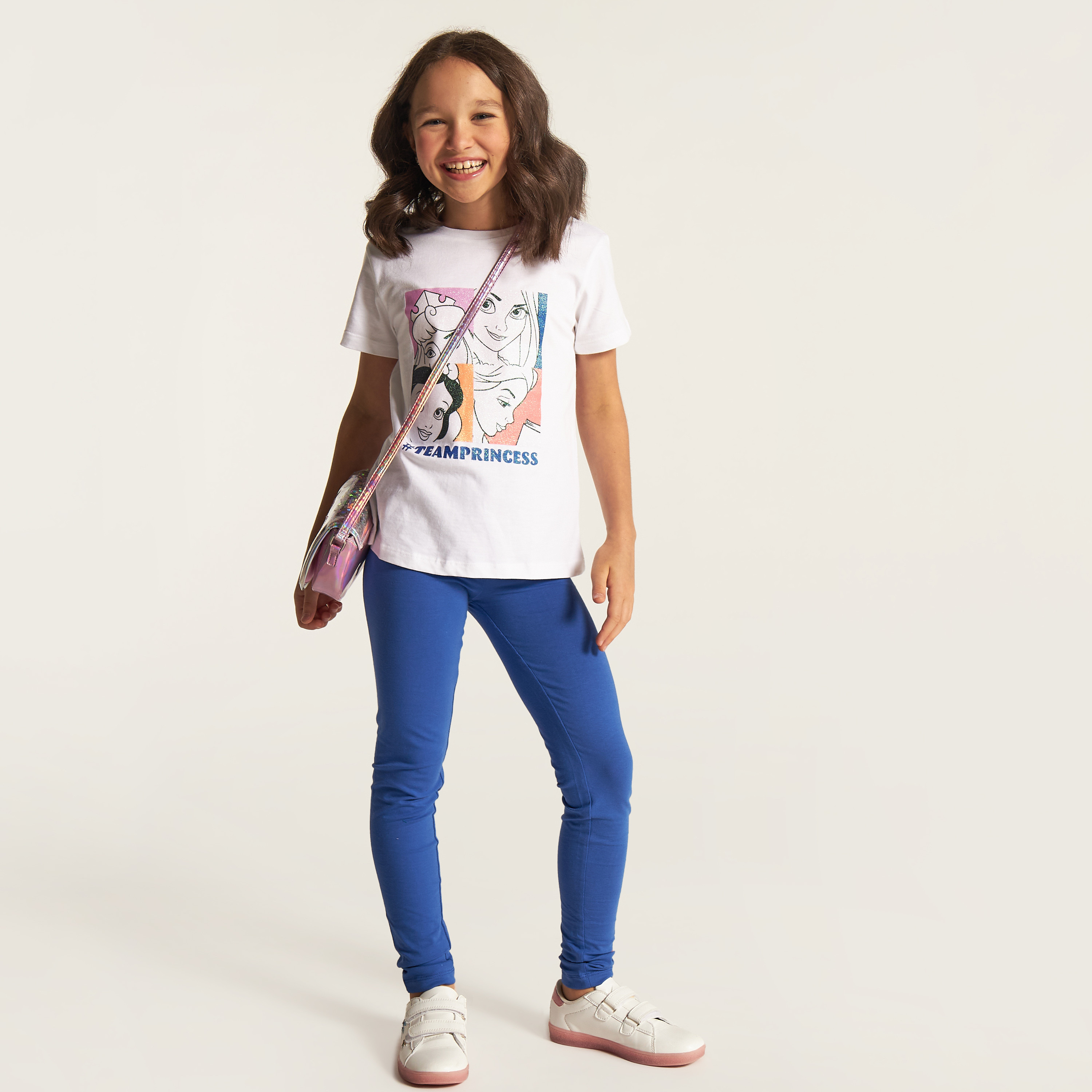 Disney Princess Print Crew Neck T-shirt with Short Sleeves-girls-clothing-schoolwear-tshirts-image-1