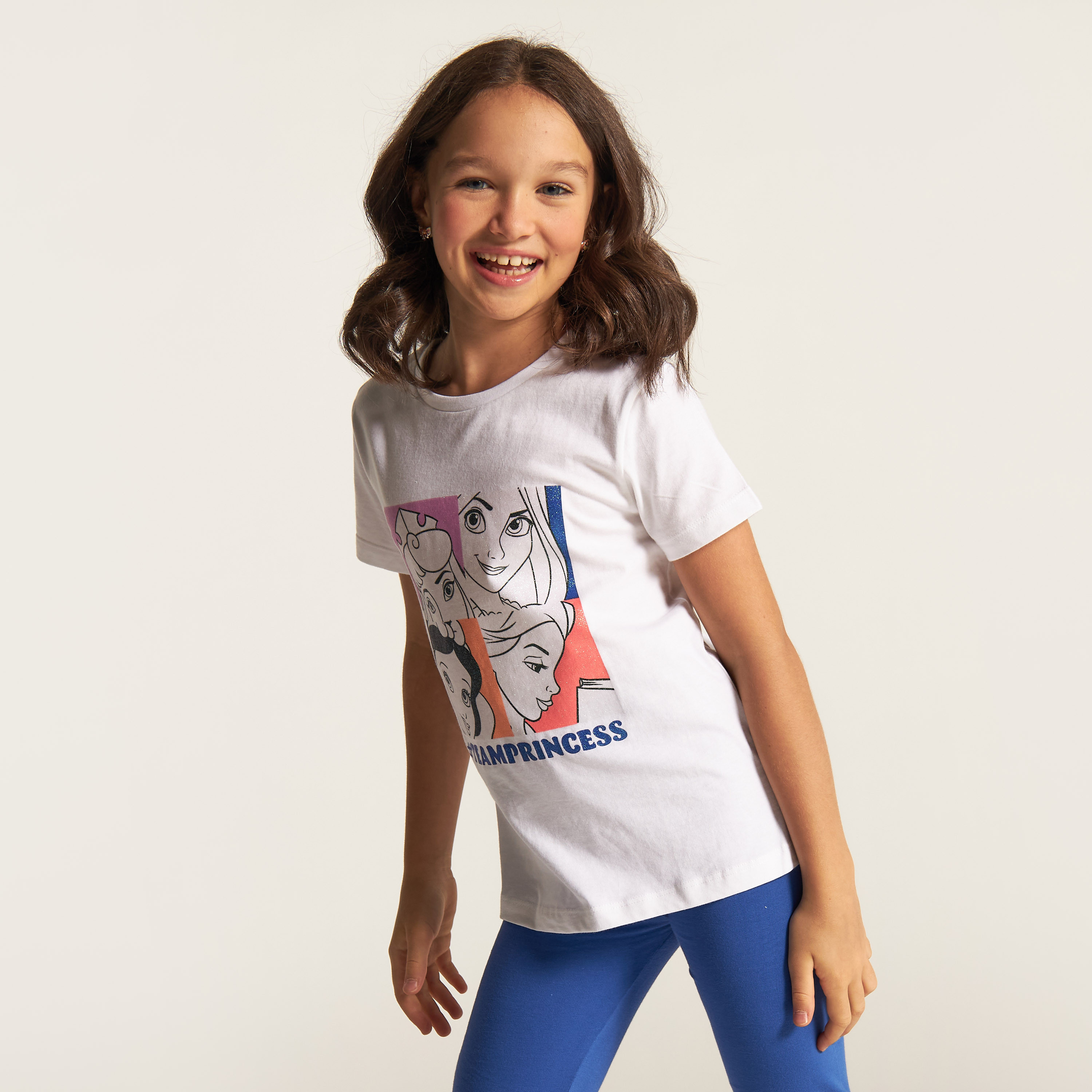 Disney Princess Print Crew Neck T-shirt with Short Sleeves-girls-clothing-schoolwear-tshirts-image-2