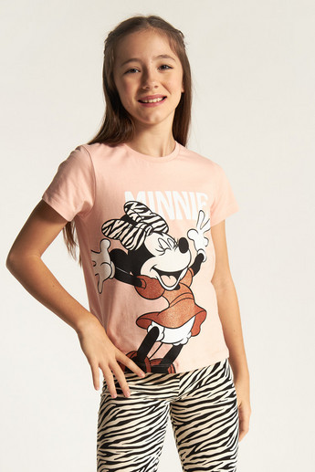 Disney Minnie Mouse Print Crew Neck T-shirt with Short Sleeves