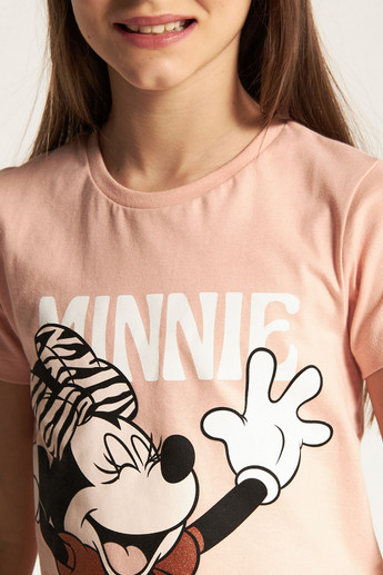 Disney Minnie Mouse Print Crew Neck T-shirt with Short Sleeves