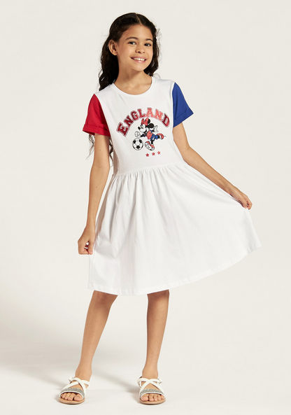 Disney Minnie Mouse Print Dress with Round Neck and Short Sleeves