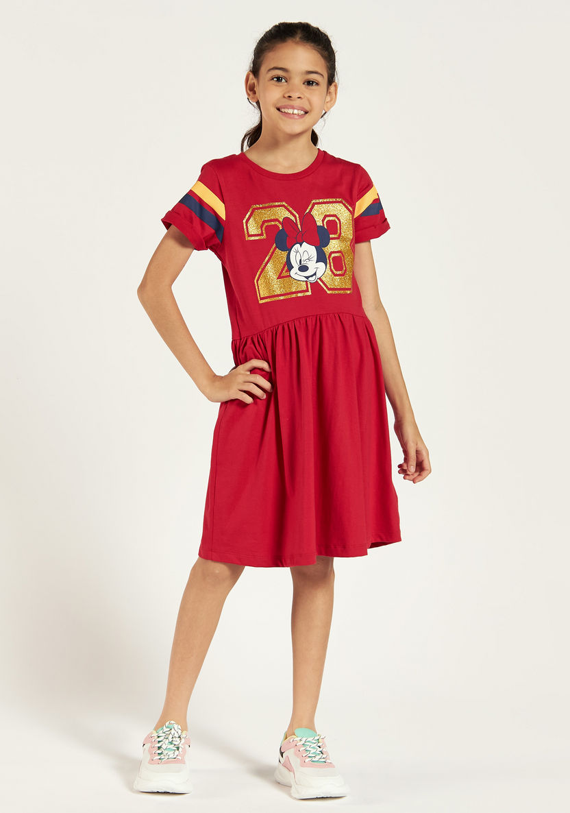 Disney Minnie Mouse Print Crew Neck Dress with Short Sleeves-Dresses, Gowns & Frocks-image-0