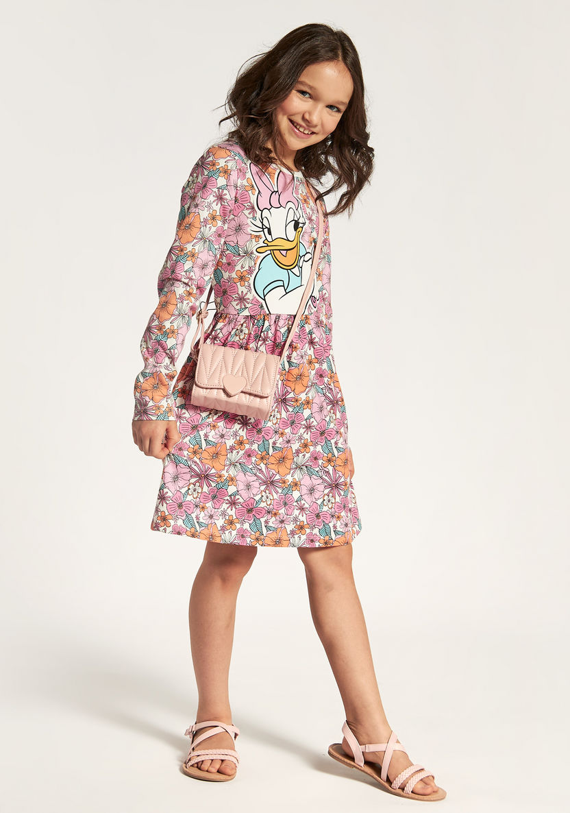 Daisy Duck Print Dress with Round Neck and Long Sleeves-Dresses, Gowns & Frocks-image-0