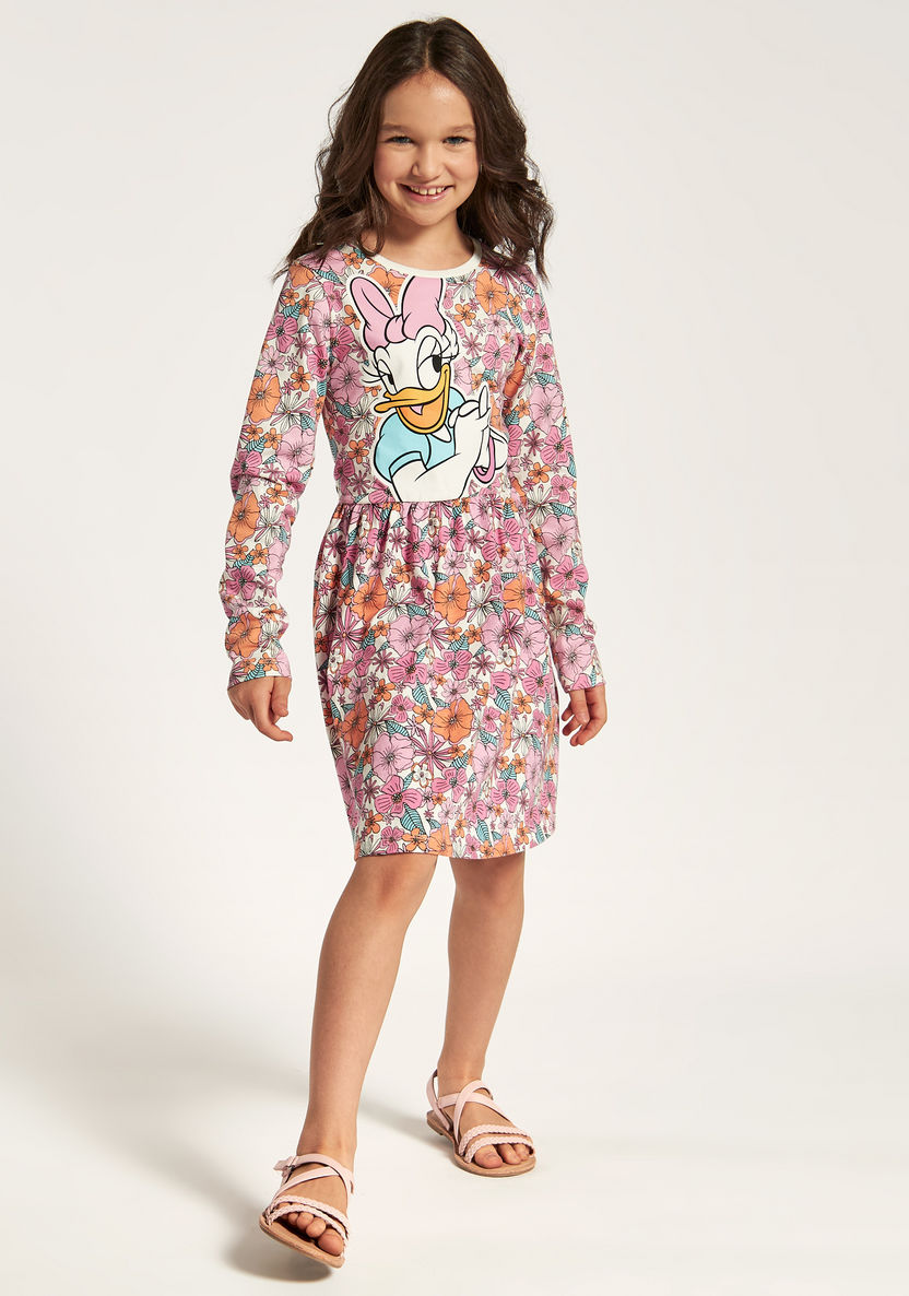 Daisy Duck Print Dress with Round Neck and Long Sleeves-Dresses, Gowns & Frocks-image-1