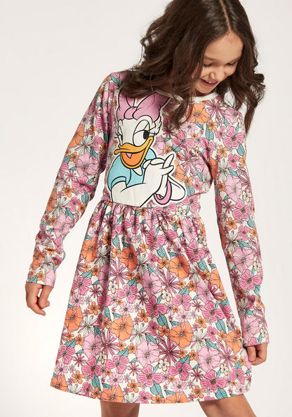 Daisy Duck Print Dress with Round Neck and Long Sleeves
