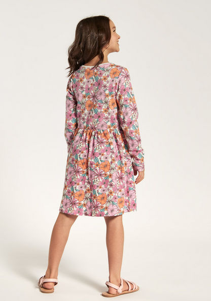 Daisy Duck Print Dress with Round Neck and Long Sleeves