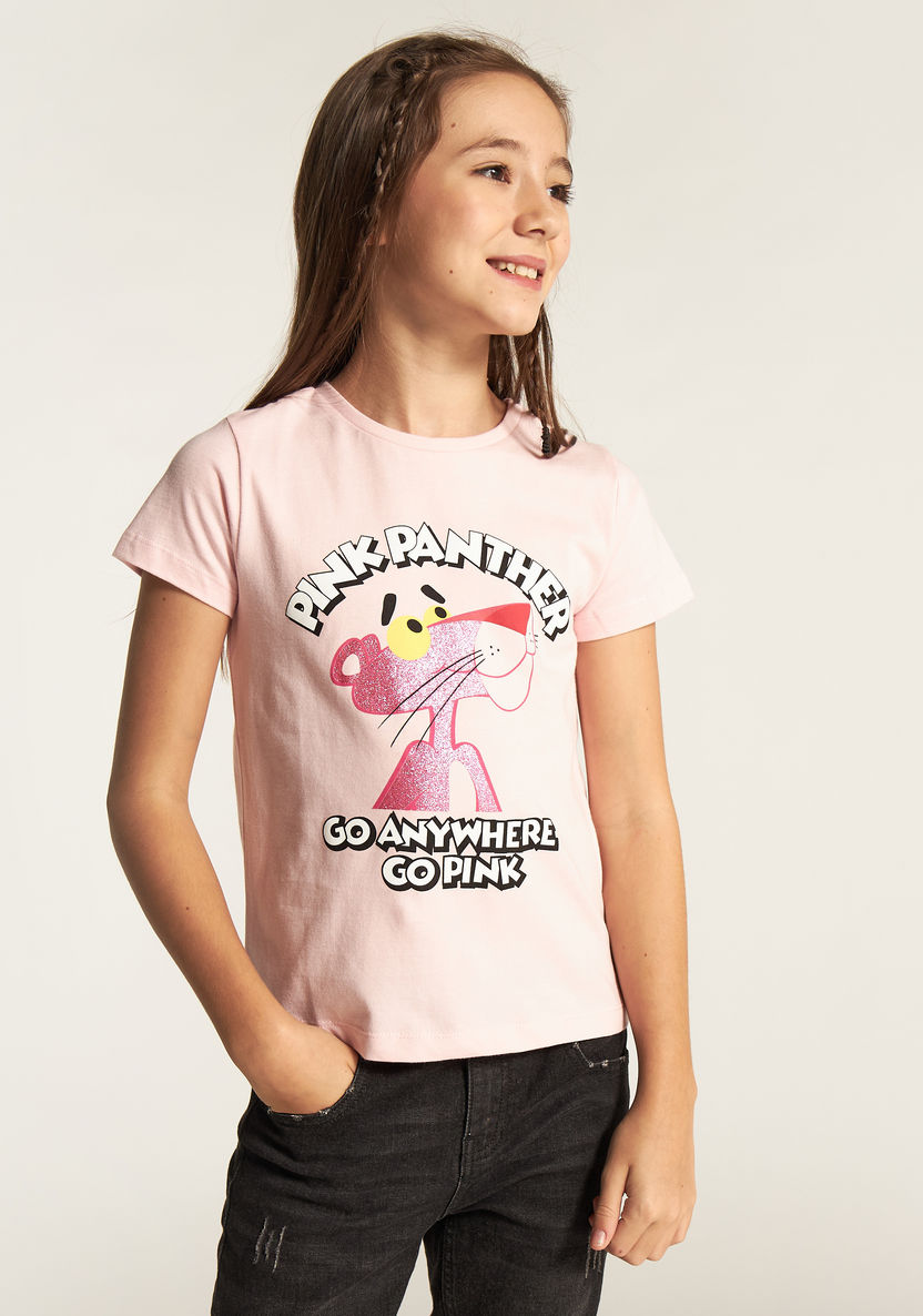 Pink Panther Print Crew Neck T-shirt with Short Sleeves-T Shirts-image-0