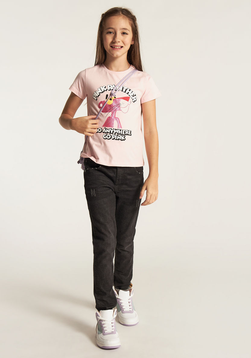 Pink Panther Print Crew Neck T-shirt with Short Sleeves-T Shirts-image-1