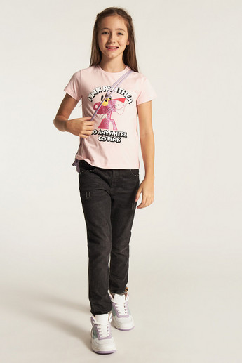 Pink Panther Print Crew Neck T-shirt with Short Sleeves