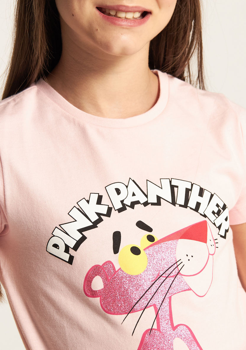 Pink Panther Print Crew Neck T-shirt with Short Sleeves-T Shirts-image-2