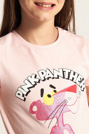 Pink Panther Print Crew Neck T-shirt with Short Sleeves