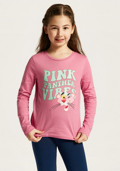 Pink Panther Print T-shirt with Round Neck and Long Sleeves