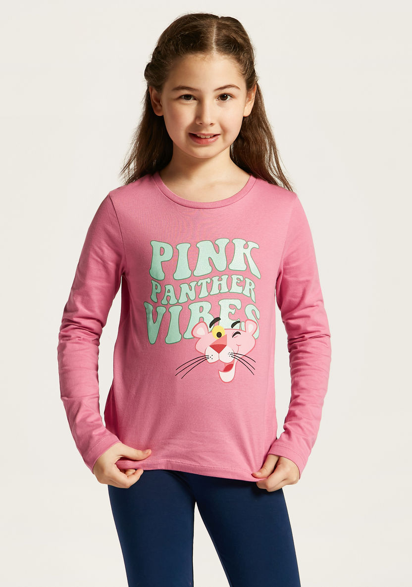 Pink Panther Print T-shirt with Round Neck and Long Sleeves-T Shirts-image-0
