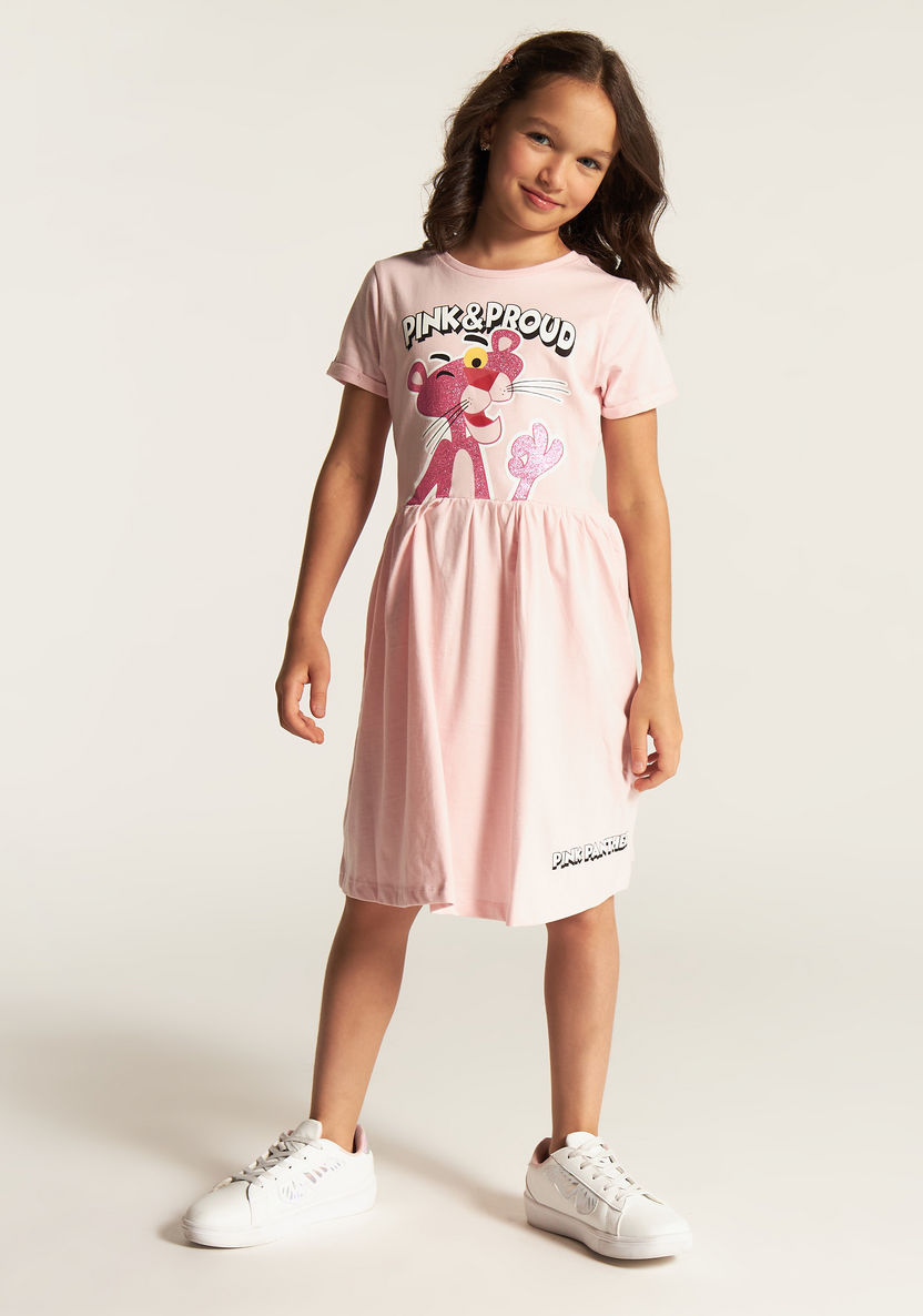 Pink Panther Print Dress with Round Neck and Short Sleeves-Dresses, Gowns & Frocks-image-0