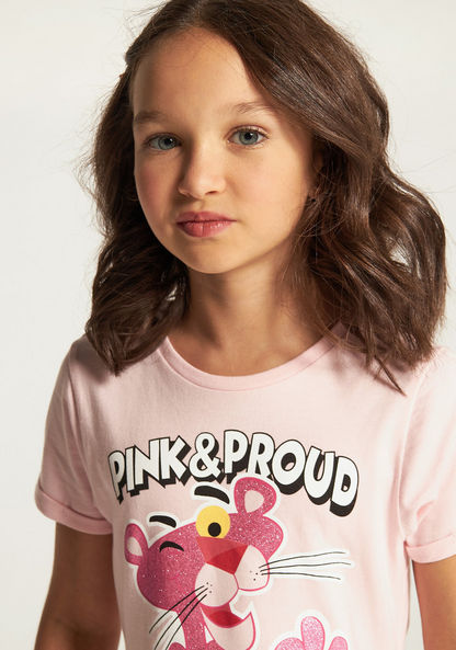 Pink Panther Print Dress with Round Neck and Short Sleeves