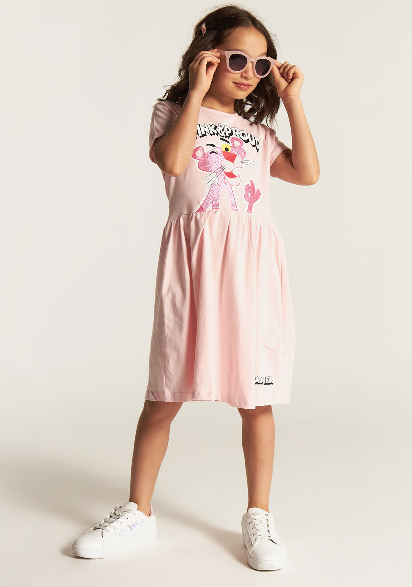 Pink Panther Print Dress with Round Neck and Short Sleeves-Dresses, Gowns & Frocks-image-3