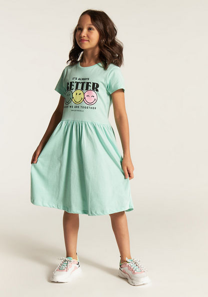 Smiley World Printed Dress with Round Neck and Short Sleeves