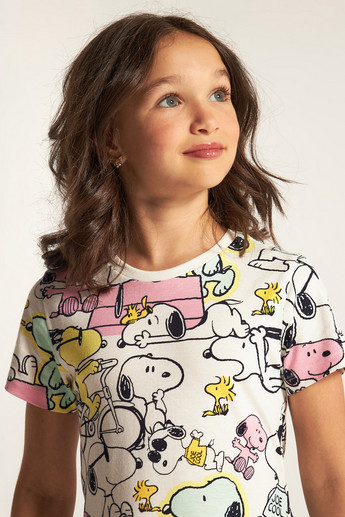 Snoopy Dog Print Dress with Round Neck and Short Sleeves