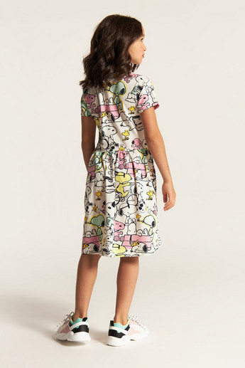 Snoopy Dog Print Dress with Round Neck and Short Sleeves