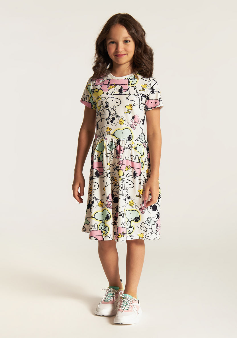 Snoopy Dog Print Dress with Round Neck and Short Sleeves-Dresses%2C Gowns and Frocks-image-3