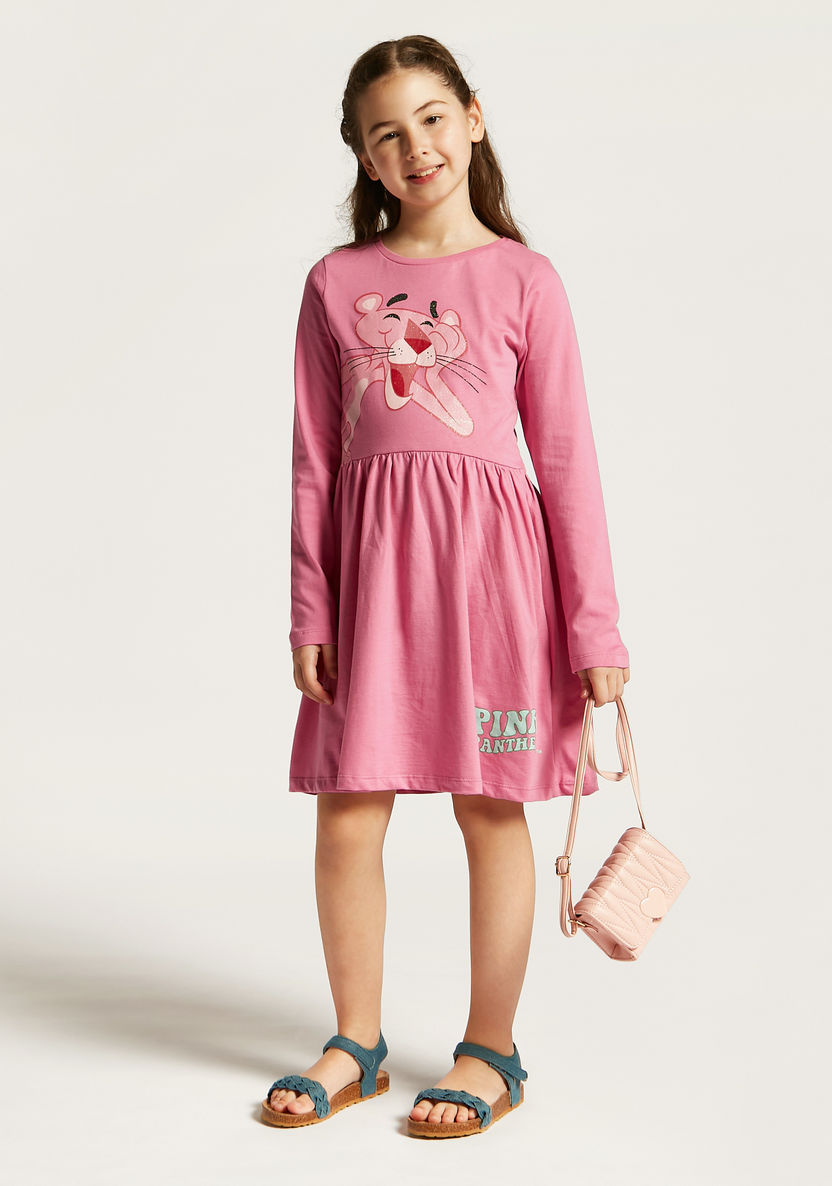 Pink Panther Print Dress with Round Neck and Long Sleeves-Dresses, Gowns & Frocks-image-0
