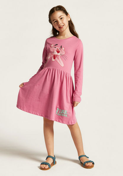 Pink Panther Print Dress with Round Neck and Long Sleeves