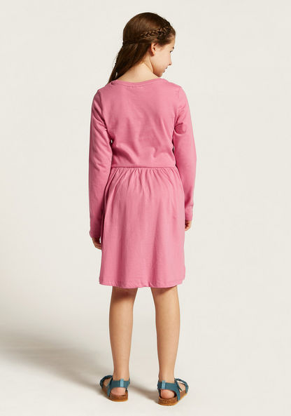 Pink Panther Print Dress with Round Neck and Long Sleeves