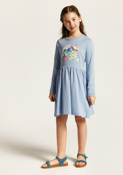 Smiley World Printed Round Neck A-line Dress with Long Sleeves